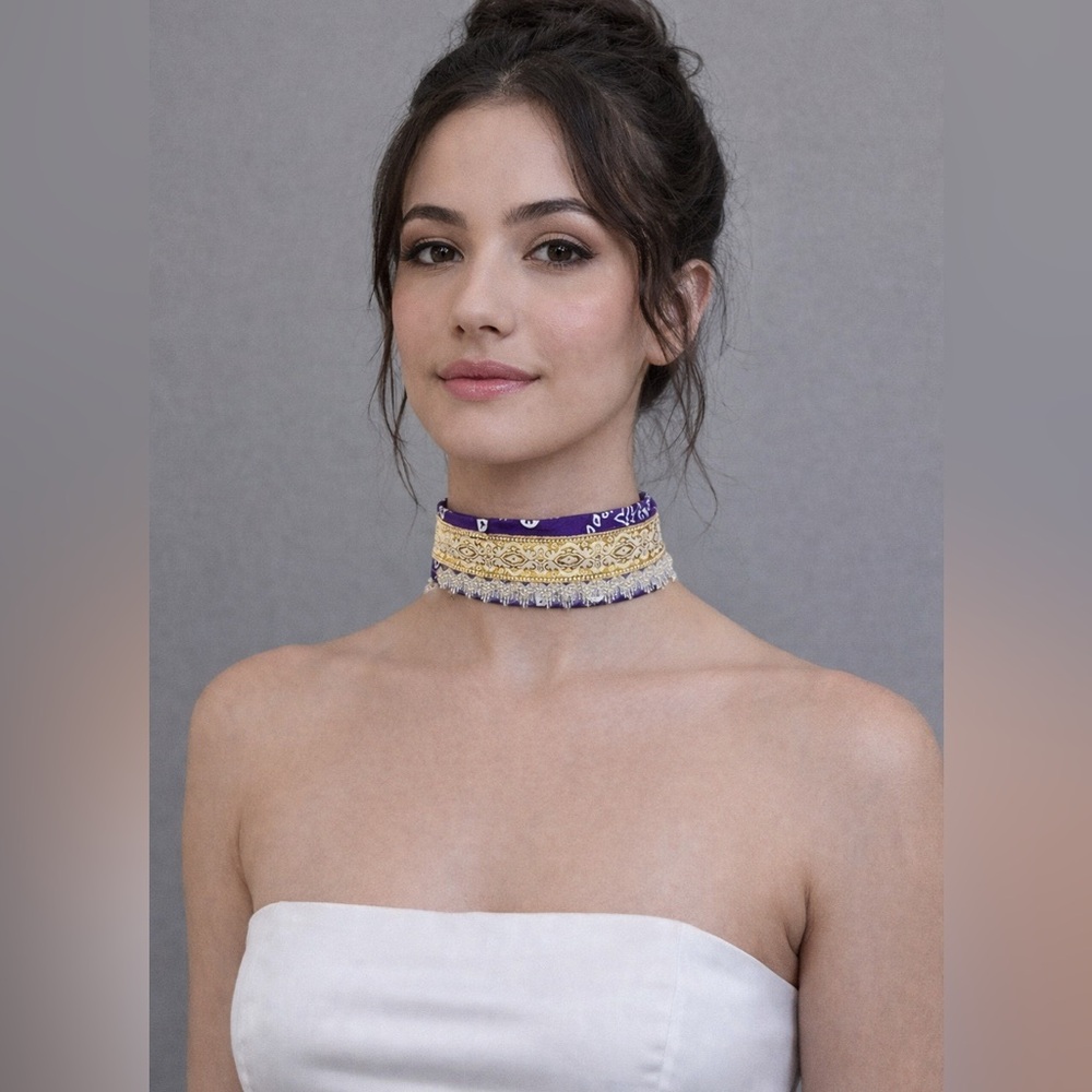 Handmade Purple Bandana Choker Purple + Gold Trim Beaded Fringe Necklace OOAK